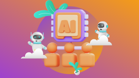 artificial-intelligence-in-business-hero-image Two AI robots peaking behind the cloud