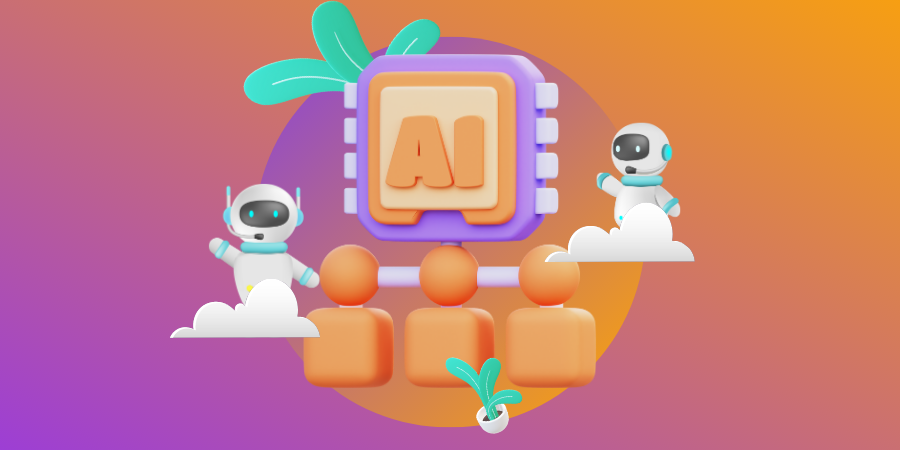 artificial-intelligence-in-business-hero-image Two AI robots peaking behind the cloud