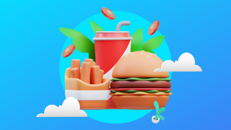 A hamburgers, fries and a plastic cup of soda