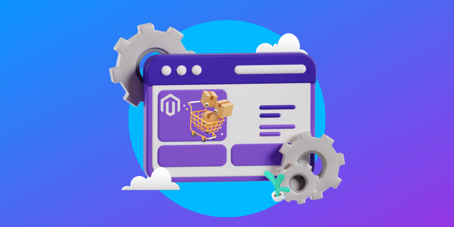 magento-salesforce-integration-hero-image An image of a website page, shopping cart and a Magento logo