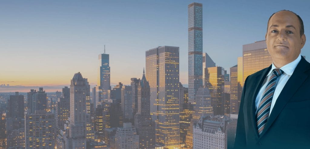 Portrait of a lawyer in a suit against a city skyline backdrop