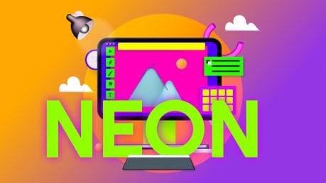 neon-color-palette-hero-image A photo of a computer with the drawing of a mountain on it colored in neon hues with the work