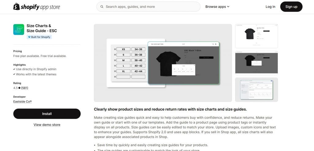 Shopify App Store screenshot of Size Charts & Size Guide extension