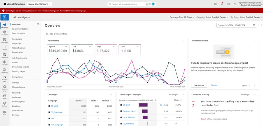 Image showing Digital Silk's Bing Ads dashboard