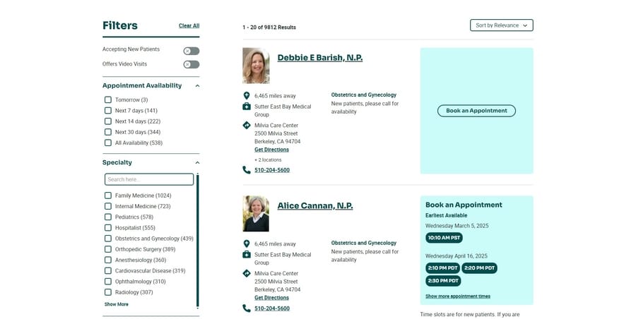 Sutter Health website screenshot