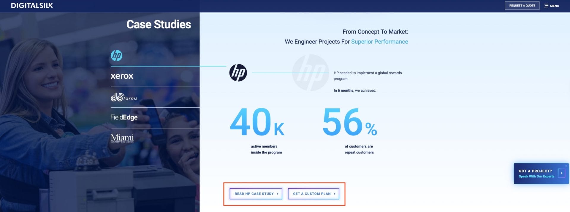 AK World's homepage showing a list of case studies and call to action buttons