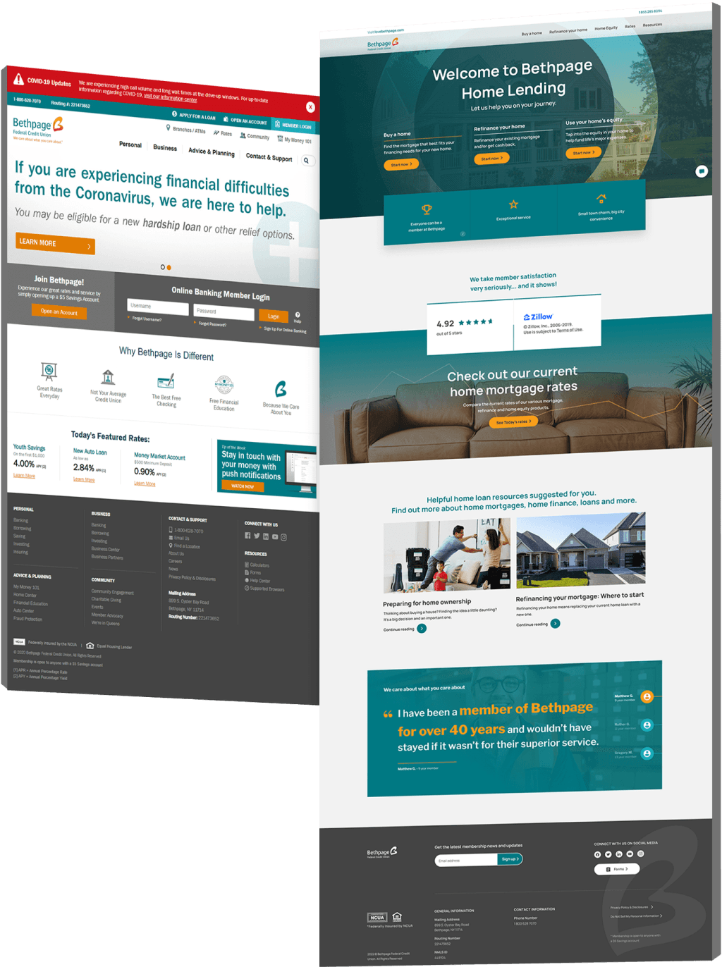BFCU-Before-and-After-Case-Study Side-by-side comparison of the Bethpage Federal Credit Union website showing the old layout with a cluttered homepage and member login on the left, and the redesigned Home Lending experience on the right with mortgage journey navigation, Zillow rating, current rates, home loan resources and member testimonials.