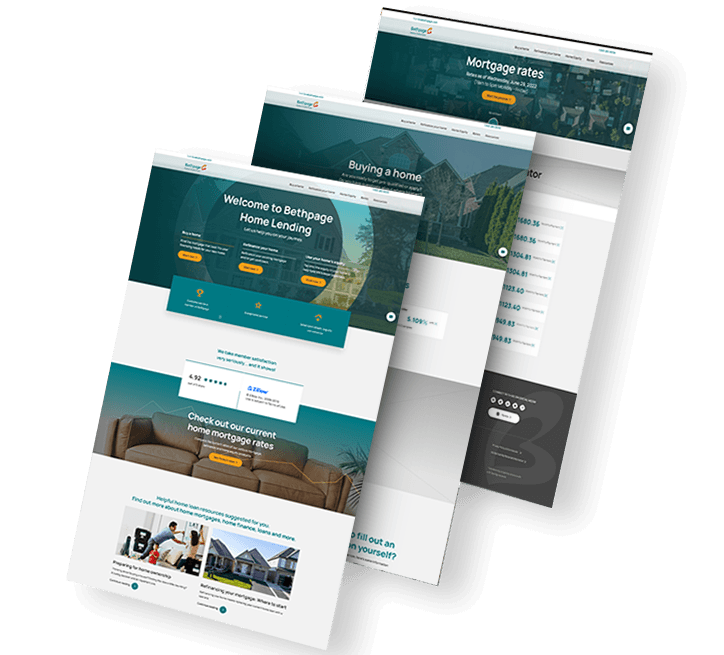 BFCU-solutions-1 Three stacked pages from the redesigned Bethpage Home Lending site showing a mortgage journey hub, buying a home guide, and mortgage rates page with teal and gold branding.