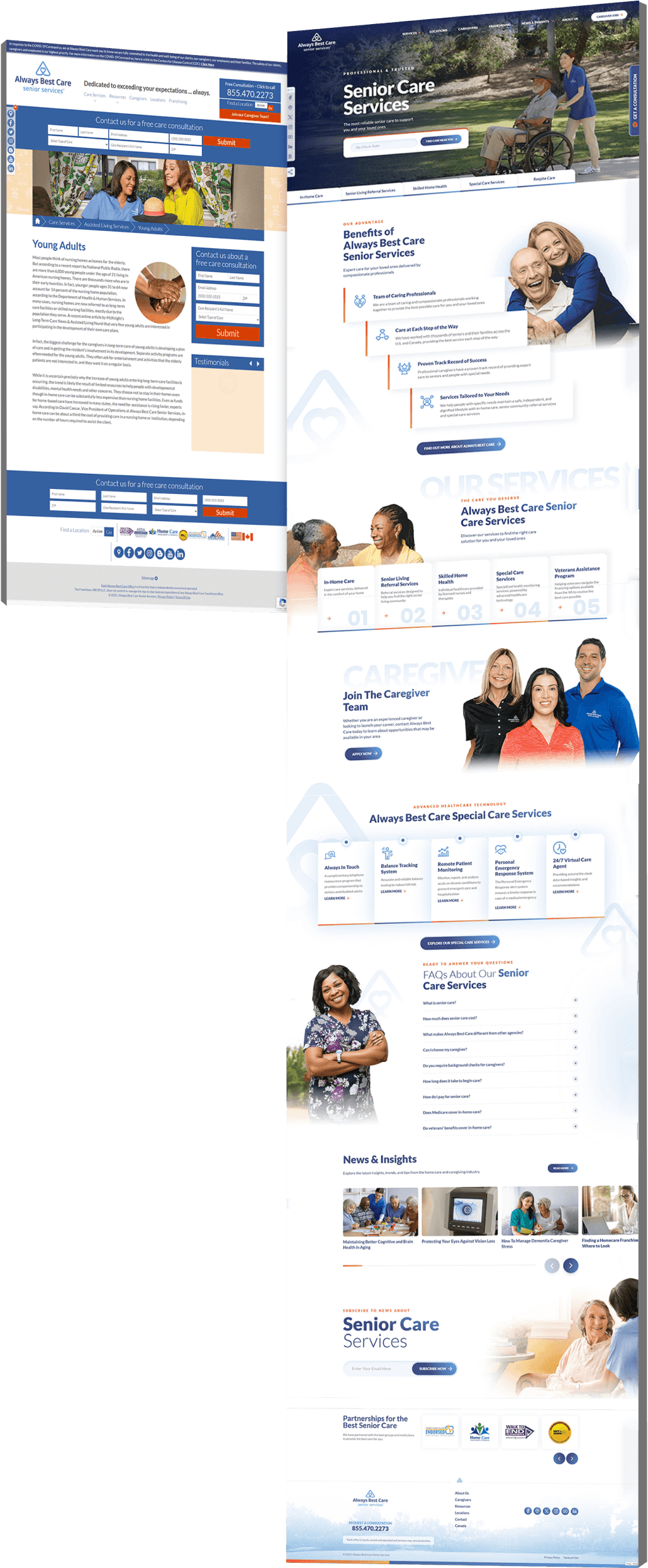 abc-before-after Side-by-side comparison of the Always Best Care website showing the old text-heavy layout on the left and the redesigned version on the right with structured service categories, caregiver recruitment, special care technology features, FAQ section and blog content.