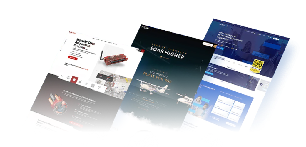 Three custom web development projects displayed at an angle featuring a data acquisition systems site, a Texan Aircraft site with aviation imagery and a sales training platform with corporate blue branding.