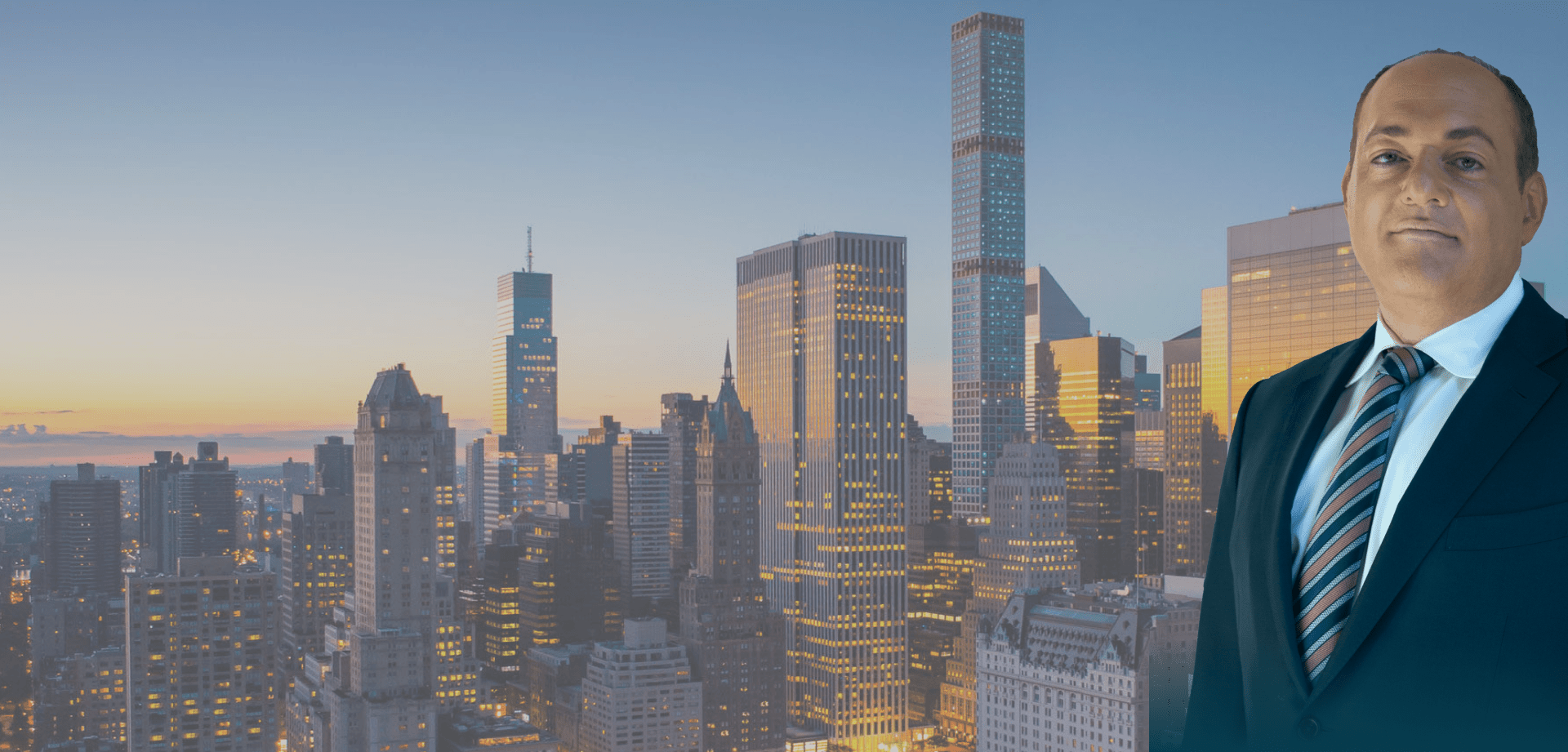 digital-marketing-agency-family-law A lawyer in a suit overlaid on a city skyline at dusk, with illuminated skyscrapers and a clear evening sky in the background.