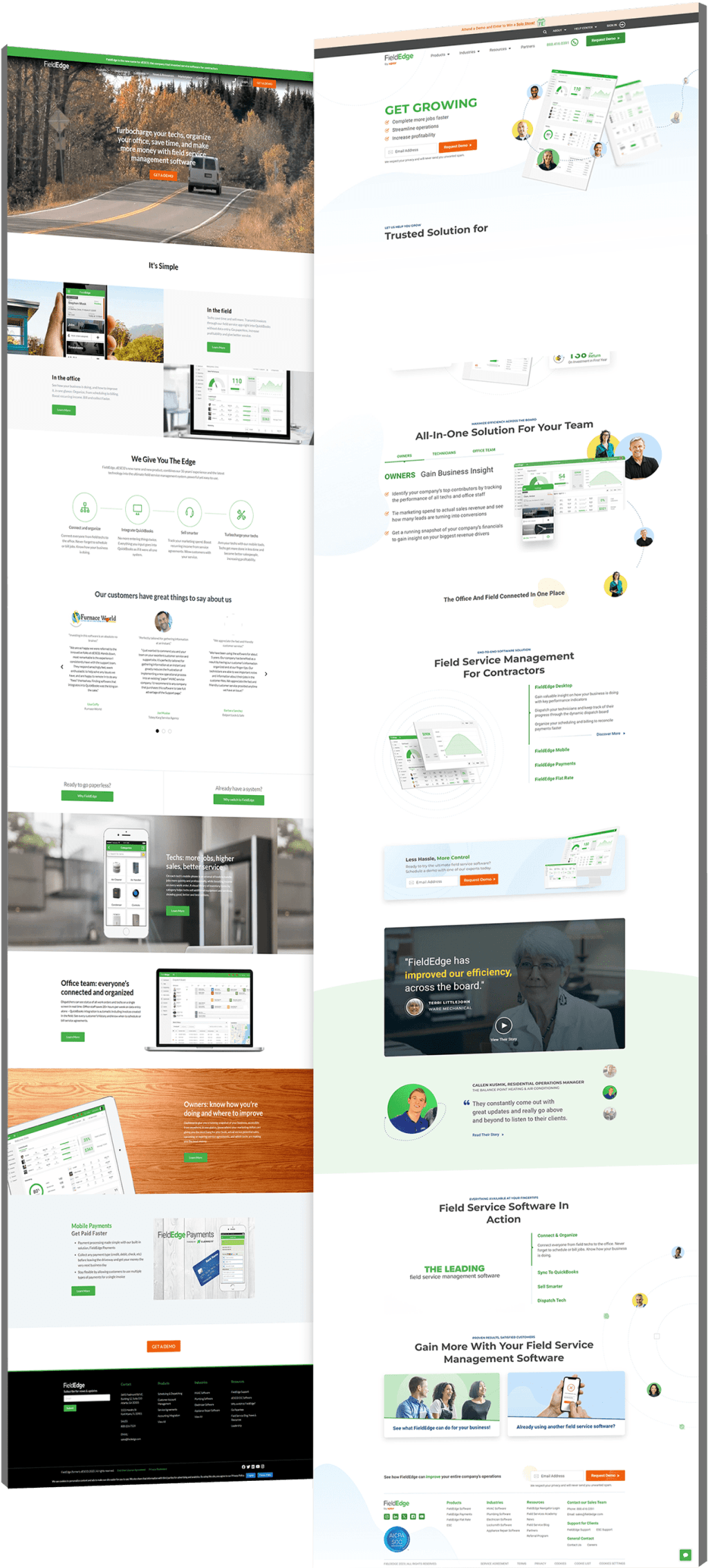field-edge-before-after-min Side-by-side comparison of the FieldEdge website showing the old dark-themed layout with road imagery and basic feature blocks on the left, and the redesigned version on the right with bright green branding, role-based solution tabs, product breakdowns, video testimonials and a field service software overview.