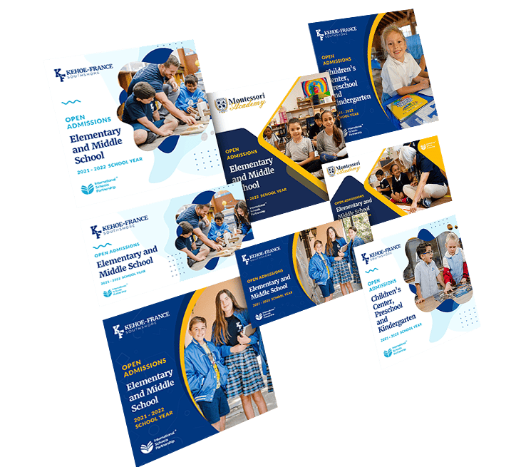 isp-triple-featured-ads Collection of digital ad creatives for Kehoe-France, Montessori Academy and Children's Center promoting open admissions for elementary, middle school, preschool and kindergarten programs with blue and gold branding.