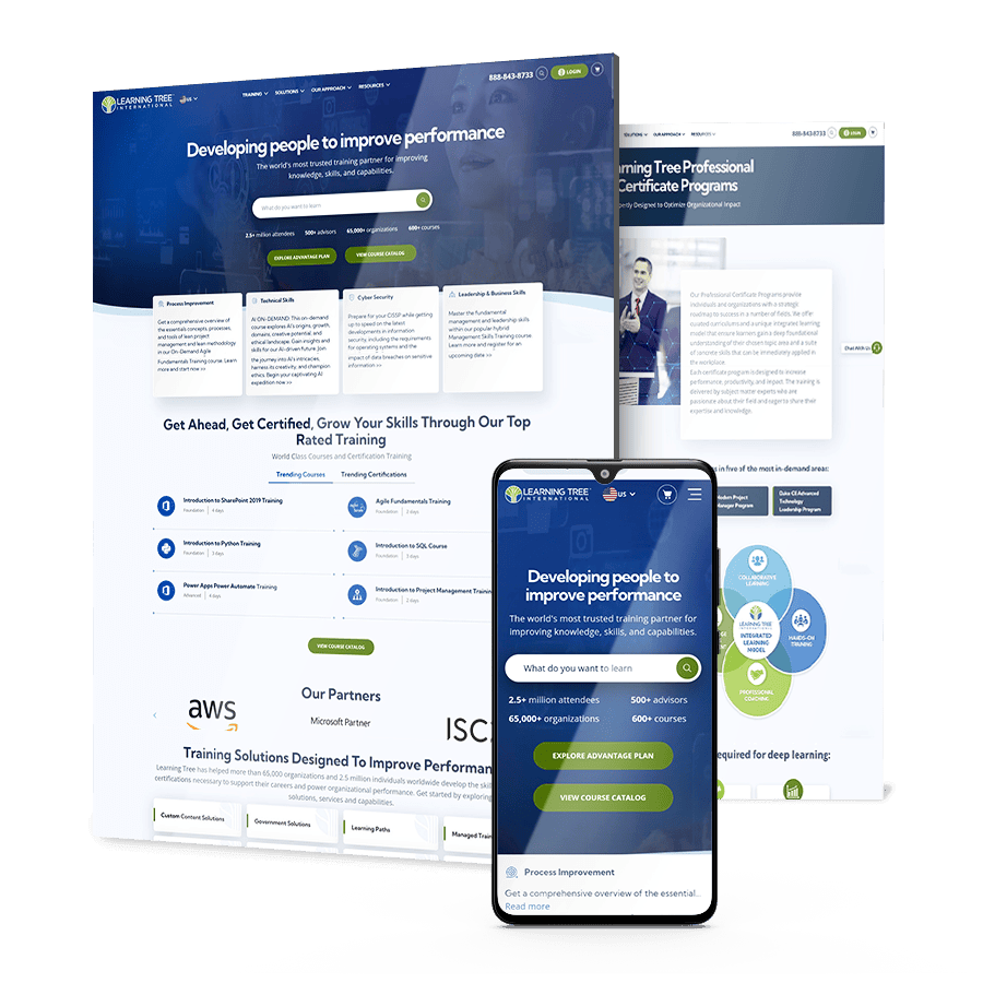 learning_tree_case-study Learning Tree International website across desktop and mobile with course search, training stats, partner logos and professional certificate programs.