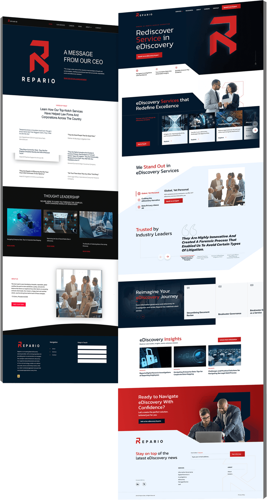 repario-data-before-after Side-by-side comparison of the Repario website showing the old dark layout with CEO message and client testimonials on the left, and the redesigned version on the right with eDiscovery service highlights, industry trust signals, case study carousel and insights section.