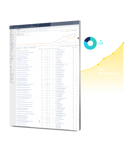 seo-services-featured-image SEO dashboard showing backlink data, ranking metrics, and a performance chart with upward traffic growth