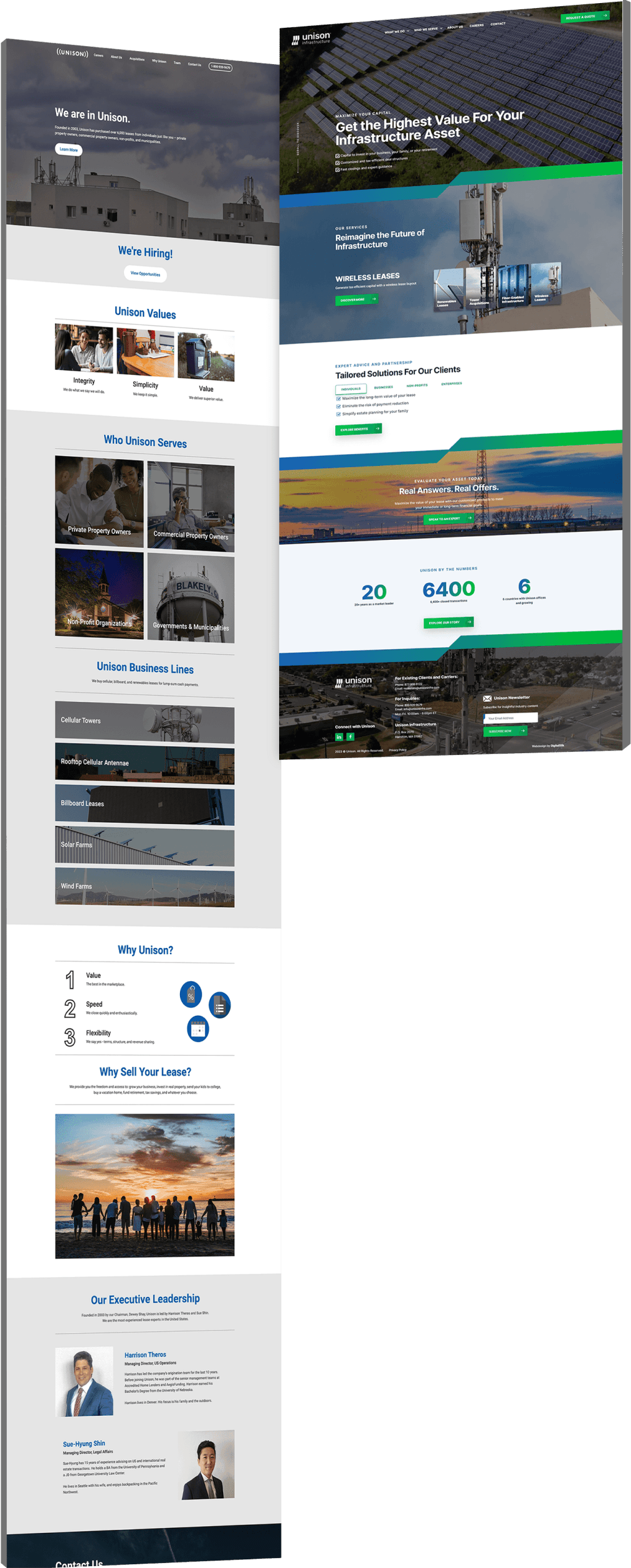 unison-before-after Before and after comparison of the Unison Infrastructure website, from a text-heavy dated layout to a modern, structured homepage with bold headlines and statistics.