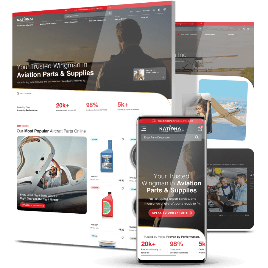 national-aviation-design National Aviation eCommerce website shown across desktop and mobile screens with hero banner, product listings and key performance stats
