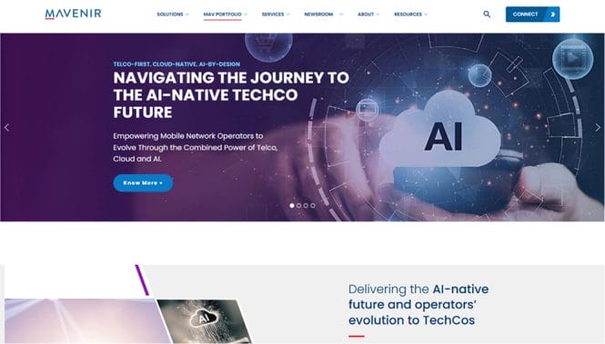 saas-marketing-agency-mavenir-hero Mavenir website hero section featuring AI-native TechCo messaging with a purple gradient banner and navigation menu