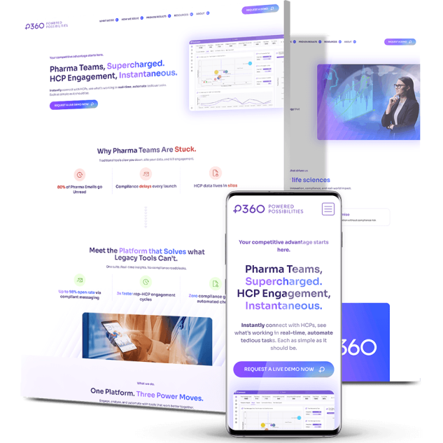 saas-marketing-agency-p360-900x900 Desktop and mobile mockups of the P360 website showing the homepage hero with engagement statistics, a Why Pharma Teams Are Stuck problem section with three pain points, a Meet the Platform section with measurable outcomes and a mobile view with a Request a Live Demo call-to-action