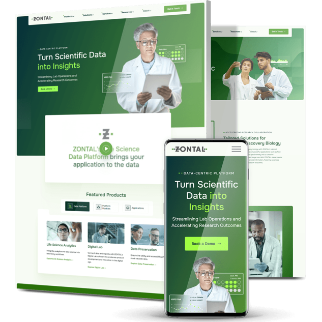 saas-marketing-agency-zontal-900x900 Desktop and mobile mockups of the Zontal website showing the homepage hero with a scientist and data overlay, a featured products grid for life science analytics, digital lab and data preservation, a Discovery Biology solutions page and a mobile view with a Book a Demo call-to-action
